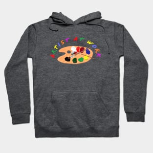 Artist at Work. Wooden Artist Palette with Colorful Paints and Brushes. Multicolored Lettering. White Background. Hoodie